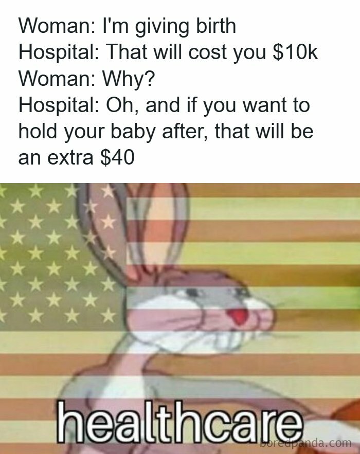 Healthcare meme showing Bugs Bunny with an American flag overlay and text about costly US hospital birth fees.