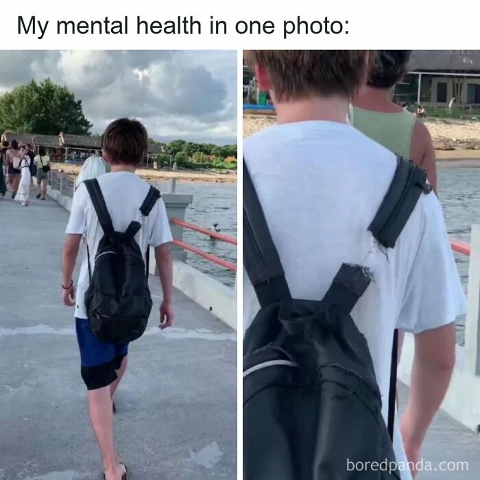 Person walking on a pier wearing a white shirt and black backpack with broken straps, illustrating healthcare memes.