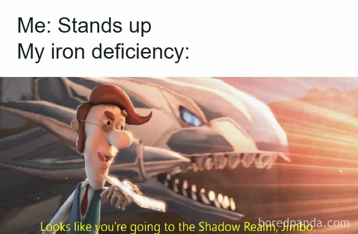 Animated character pointing with text about standing up and iron deficiency in a humorous healthcare meme.