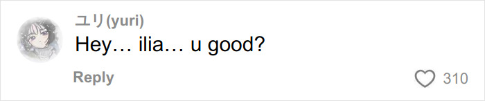 Comment saying hey ilia u good with 310 likes, highlighting concern after fans spot troubling posts in Olympic star Ilia Malinin&rsquo;s profile.