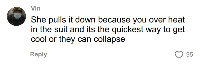 Comment about overheating in suit and quick way to cool down to prevent collapse, shared in an online discussion. Comment about overheating in suit and quick way to cool down to prevent collapse, shared in an online discussion.