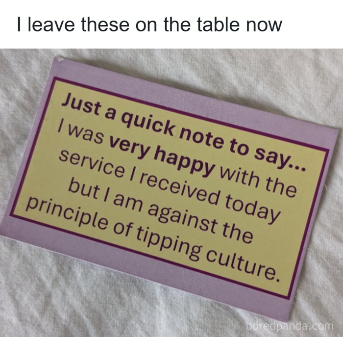 Note left on table expressing happiness with service but opposing tipping culture, showcasing cringe moments caught on camera.