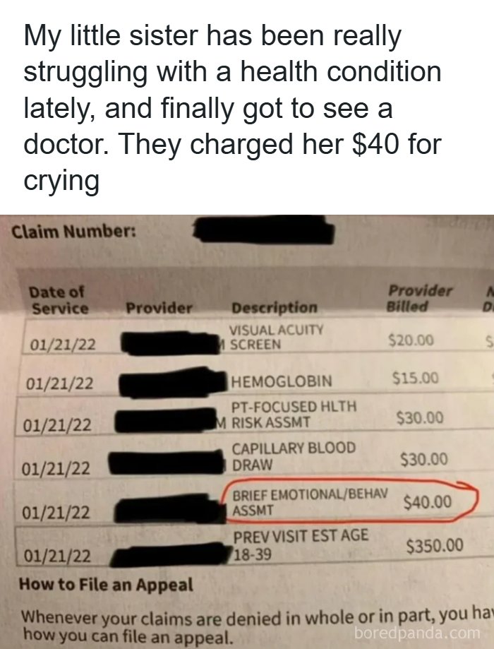 Medical bill showing a $40 charge for a brief emotional/behavioral assessment, illustrating cringe moments in bills.