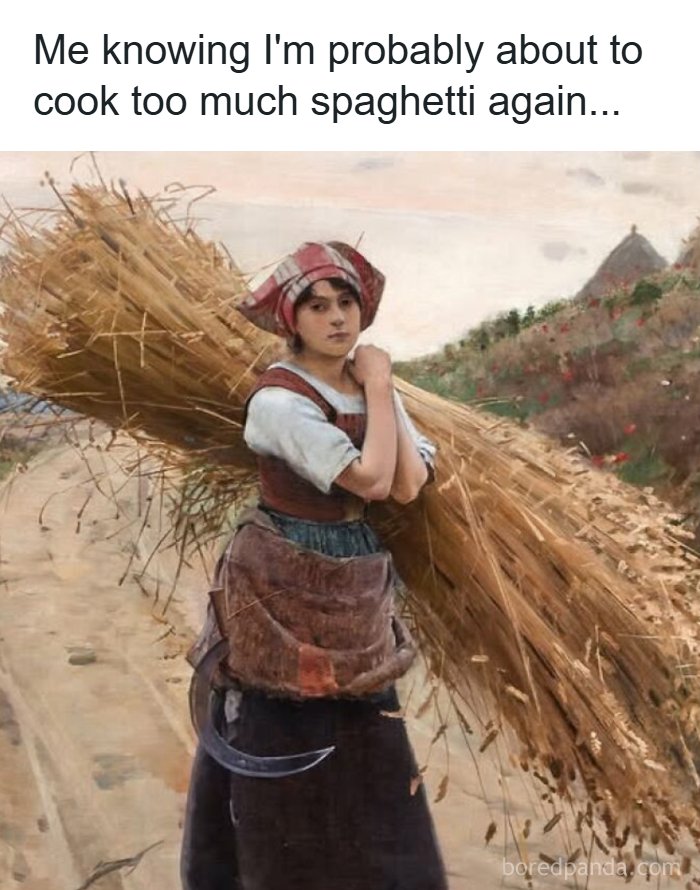 Woman carrying large bundle of wheat in a humorous chaotic painting capturing modern problems with a touch of irony.