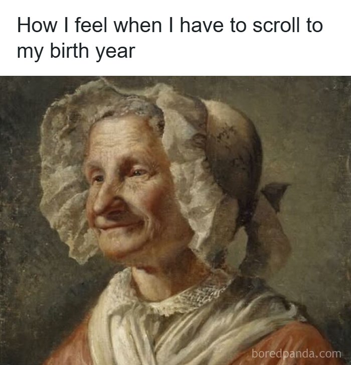 Old woman in a chaotic and hilarious painting humorously capturing modern problems with scrolling through birth years.