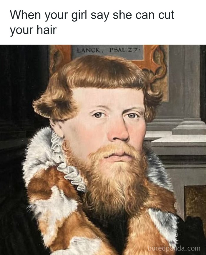 Alt text: A chaotic and hilarious painting of a man with a poorly cut haircut, capturing modern problems humorously.