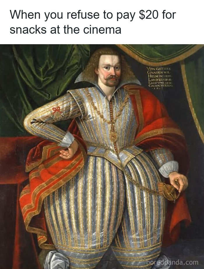 Portrait of a man in elaborate historical clothing illustrating modern problems in chaotic and hilarious paintings.