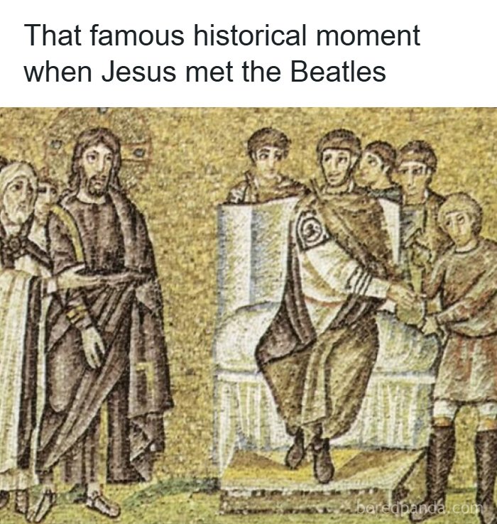 Medieval painting humorously depicting a chaotic and hilarious scene capturing modern problems with historical figures.