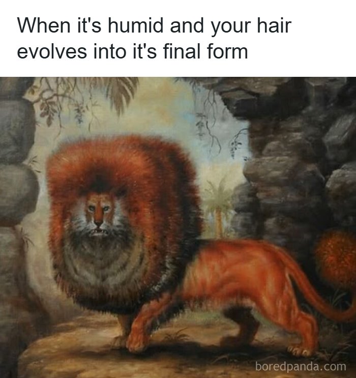 A chaotic and hilarious painting of a lion with exaggerated fluffy mane representing modern problems in humid weather.