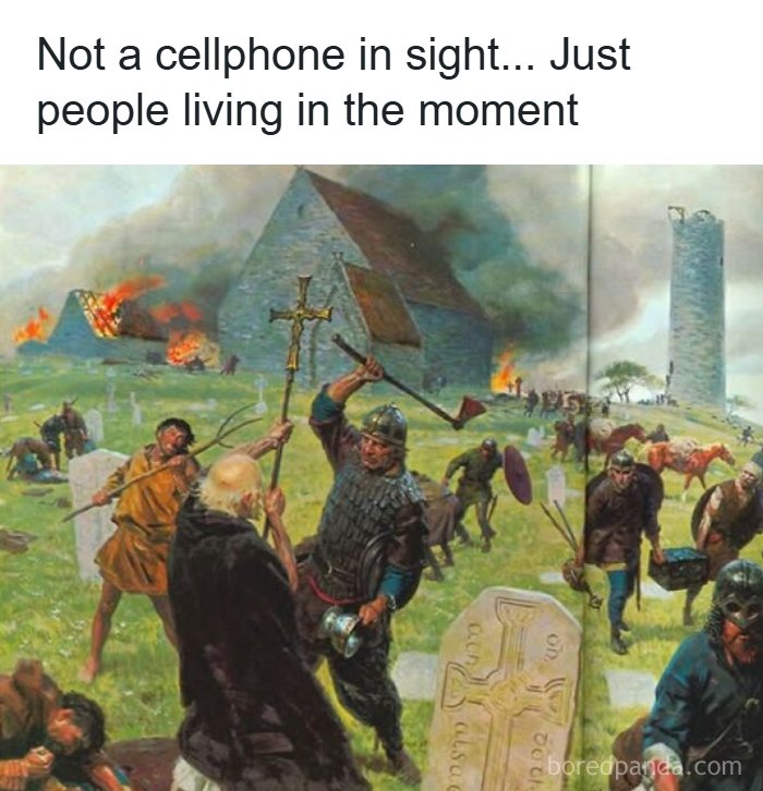 Medieval chaotic painting showing a battle scene humorously capturing modern problems with people living in the moment.