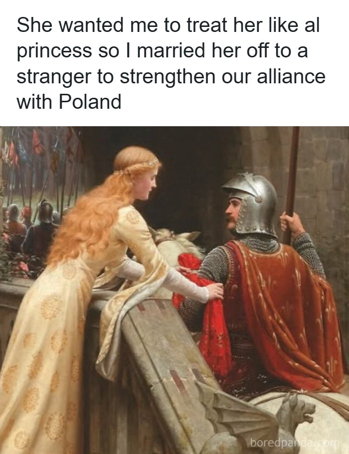 Medieval painting of a woman and armored knight with humorous text capturing modern problems in chaotic and hilarious art.