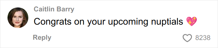 Comment on social media by Caitlin Barry congratulating on upcoming nuptials with a heart emoji and 8,238 likes visible.
