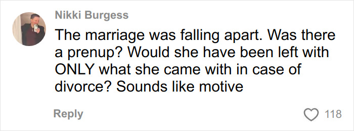 Comment by Nikki Burgess discussing marriage prenup and possible motive amid backlash over changes in Erika Kirk and Charlie's office.