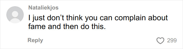 Social media comment criticizing fame and behavior amid Chappell Roan Grammys outfit outrage, with 299 likes.