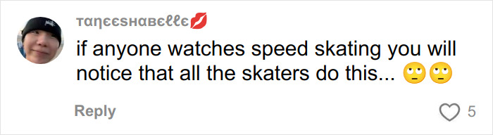 Screenshot of a social media comment about speed skating, referencing skaters and fan reactions online. Screenshot of a social media comment about speed skating, referencing skaters and fan reactions online.