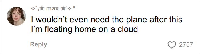 Social media comment from a woman sharing her travel encounter on a plane about kindness and engagement questions.