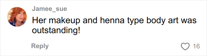 Comment praising Chappell Roan's makeup and henna body art, highlighting the artist behind her Grammys look.