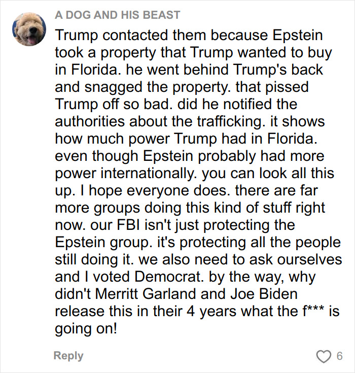 Comment discussing Trump's 2006 call to police about Epstein and Ghislaine revealed in FBI documents.