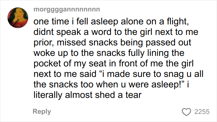 Alt text: Woman shares travel encounter with kind stranger on plane, expressing gratitude and surprise during flight conversation