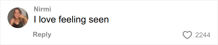 Comment by Nirmi saying I love feeling seen with 2244 likes, related to am I engaged travel encounter viral post.