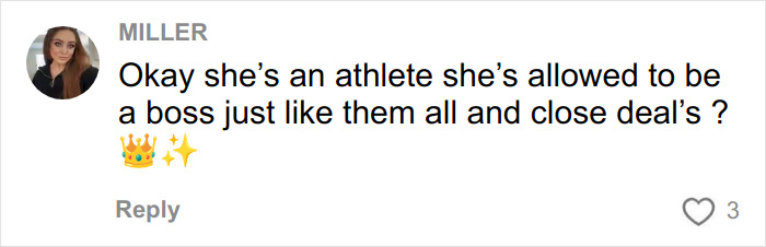 Online comment praising athlete Jutta Leerdam as a boss and supporting her closing deals after an incident. Online comment praising athlete Jutta Leerdam as a boss and supporting her closing deals after an incident.
