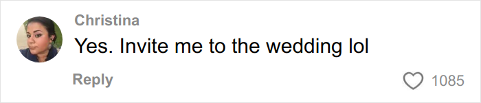 Comment from Christina on social media saying yes and inviting to the wedding, related to engaged travel encounter.