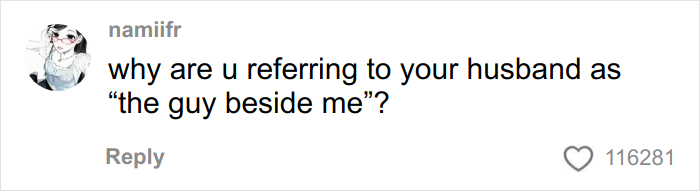 Social media comment questioning reference to husband as the guy beside her, related to engaged woman&rsquo;s travel story.