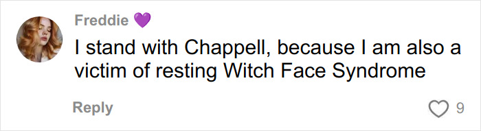 Comment expressing support for Chappell Roan, mentioning resting Witch Face Syndrome, shown on social media platform.