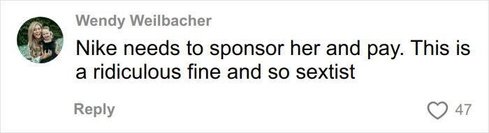 Comment by Wendy Weilbacher criticizing a fine as sexist and urging Nike to sponsor Jutta Leerdam instead. Comment by Wendy Weilbacher criticizing a fine as sexist and urging Nike to sponsor Jutta Leerdam instead.