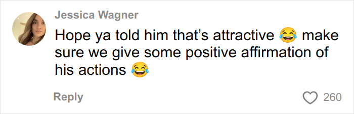 Comment by Jessica Wagner with laughing emojis discussing positive affirmation of a kind stranger's actions on plane travel.