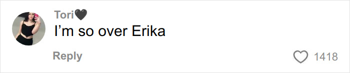 Social media comment from user Tori expressing frustration about Erika Kirk amid backlash involving TSUPA&rsquo;s response.