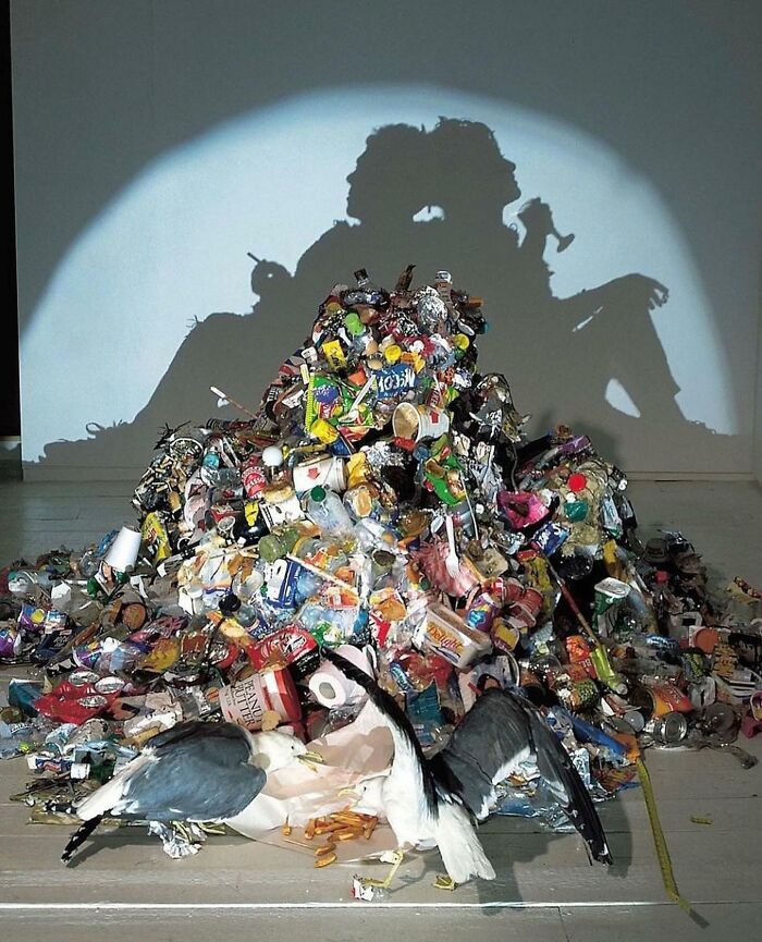 Pile of trash and two birds creating a cleverly staged illusion with shadows that look like human figures in a reality glitch photo.