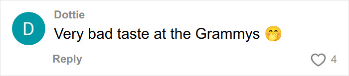 Comment on Grammys dress with a skeptical emoji, reflecting opinions on Chappell Roan's controversial look.