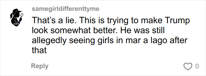 Comment on social media claiming Trump still saw girls in Mar-a-Lago amid Epstein investigation details in FBI documents.