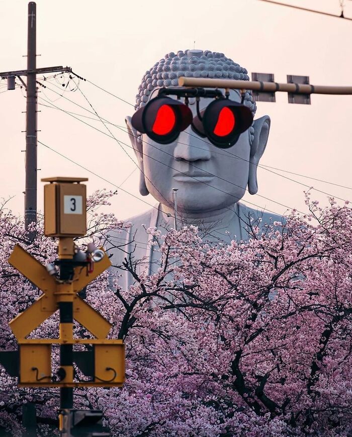 Giant Buddha statue appears to wear glowing red traffic lights amidst pink cherry blossoms in a reality glitch photo.