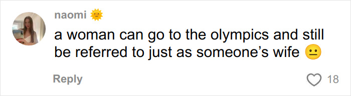 Text comment from a user named Naomi discussing views on women at the Olympics with a neutral face emoji. Text comment from a user named Naomi discussing views on women at the Olympics with a neutral face emoji.