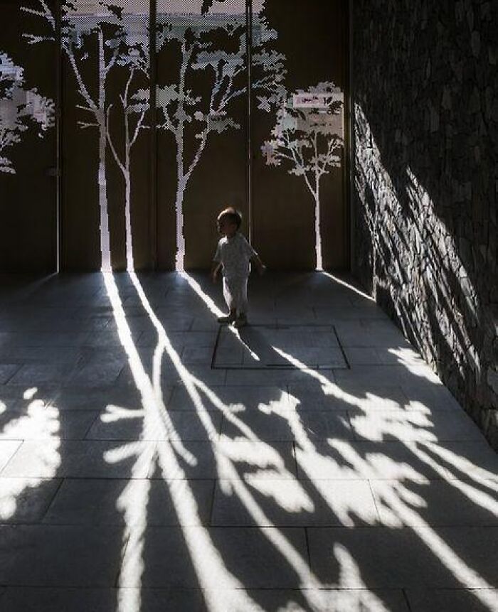 Child walks in shadow art installation creating reality-glitched illusion with tree-shaped light patterns on floor and wall.
