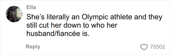 Comment from Ella discussing an Olympic athlete and the focus on her personal life over achievements. Comment from Ella discussing an Olympic athlete and the focus on her personal life over achievements.