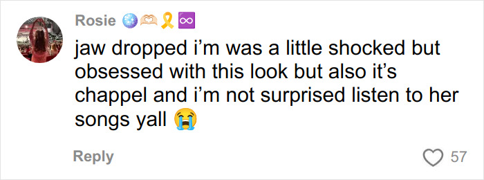 User comment expressing shock and obsession with Chappell Roan&rsquo;s Grammys outfit, sparking online outrage.