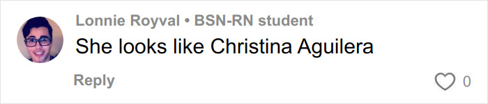 Comment from Lonnie Royval, BSN-RN student, mentioning a resemblance to Christina Aguilera in a social media reply.