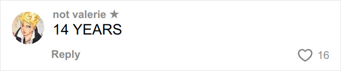 Comment by user not valerie with anime avatar saying 14 YEARS, reacting to Sacha Baron Cohen message to ex-wife Isla Fisher after divorce.