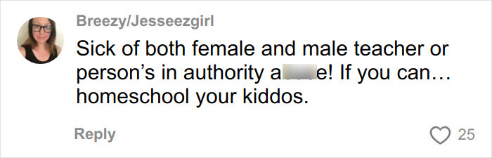 Comment from social media user expressing frustration with teachers and authority figures after disturbing school employee video confession.