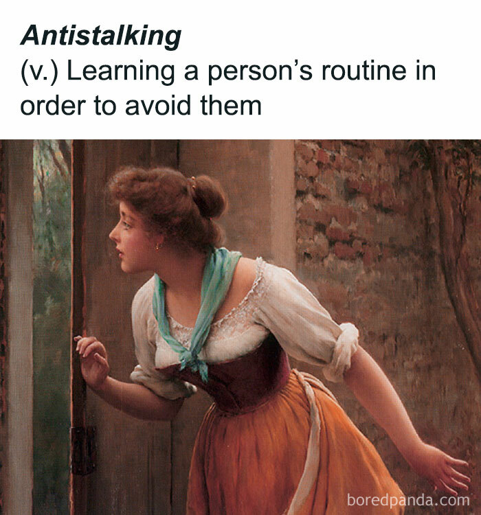 Woman in vintage dress peeking through a door, illustrating chaotic and hilarious paintings capturing modern problems.