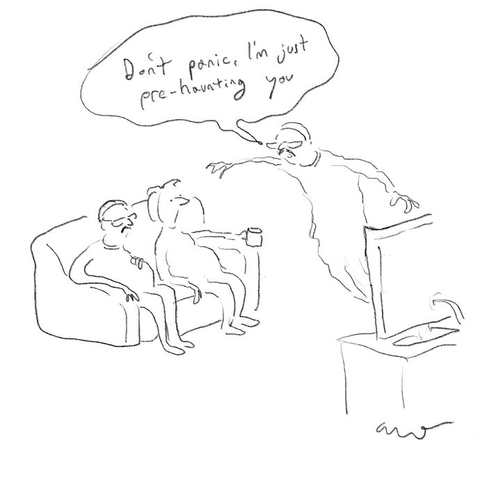 Minimalist comic shows two people on a couch and a ghost saying don't panic, exploring weirder thoughts humor.