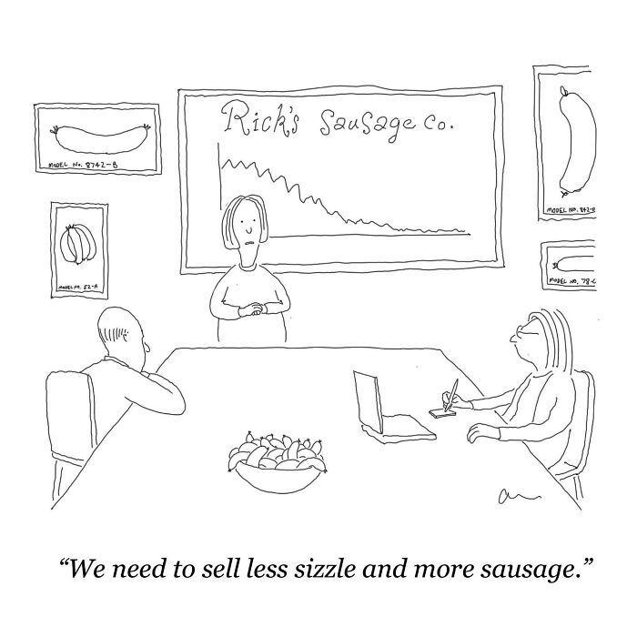 Minimalist comic showing office meeting at Rick’s Sausage Co., discussing sales with a chart and framed sausage drawings on the wall.
