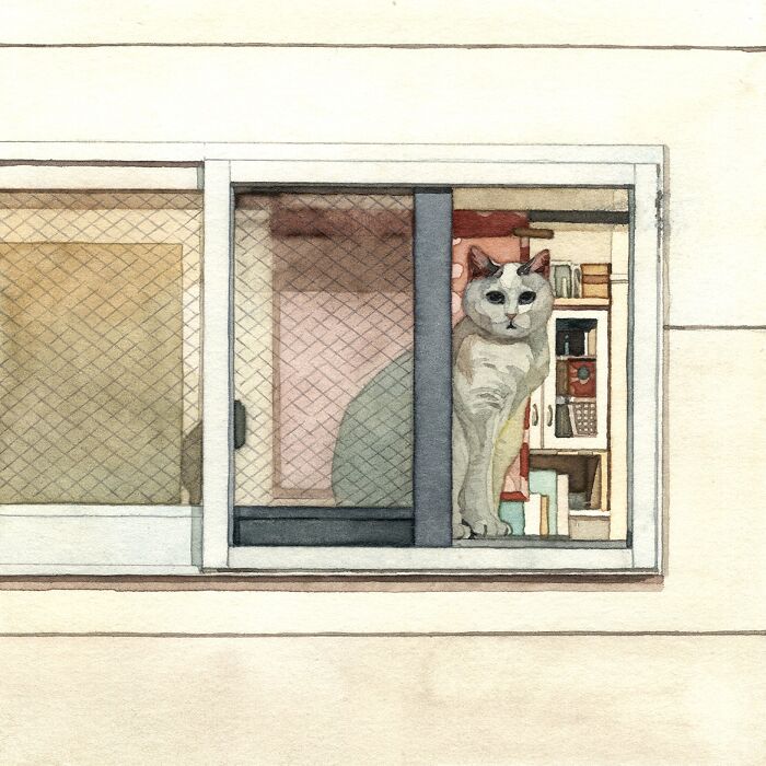 Watercolor painting of a cat looking through a window in a detailed and dreamy cat-themed artwork.