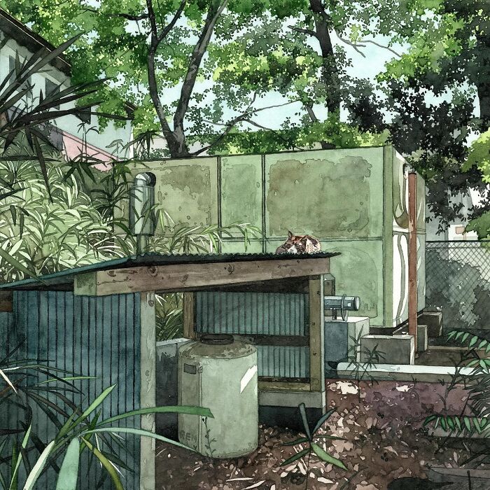 Watercolor painting of a cat resting on a rooftop surrounded by lush greenery and detailed outdoor structures.