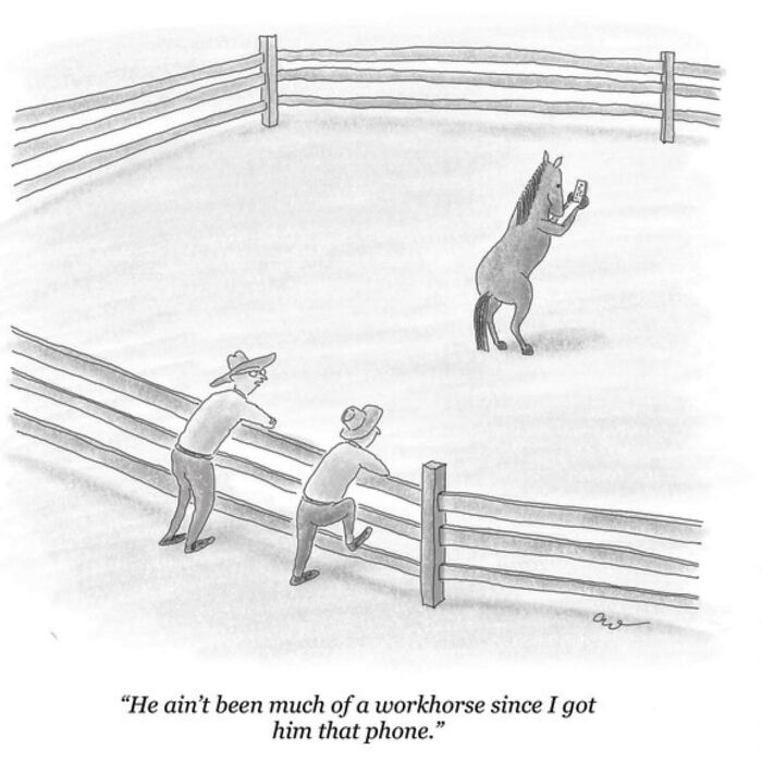 Minimalist comic shows two cowboys watching a horse using a phone, illustrating weirder thoughts in a humorous way.