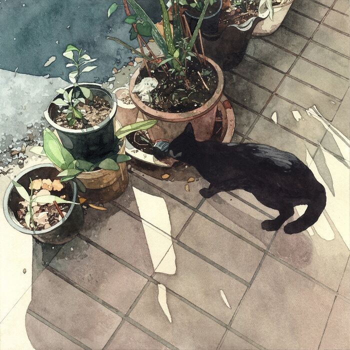 Dreamy watercolor painting of a black cat beside potted plants on a tiled floor in a soft, artistic style.