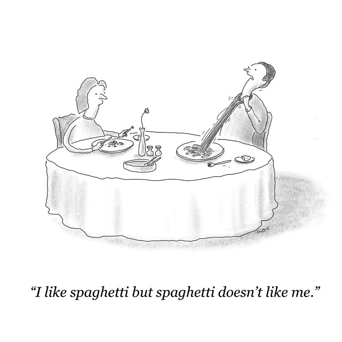 Minimalist comic showing a man humorously struggling to eat spaghetti, illustrating weird thoughts in simple art.